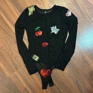ASOS Mesh Black Bodysuit, embroidered patches, Size S